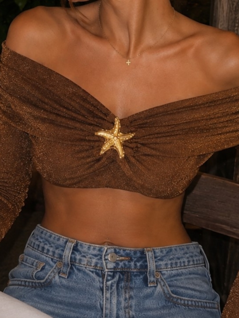 Fashion Nova Brown Off-Shoulder Twist Crop Top with Gold Starfish